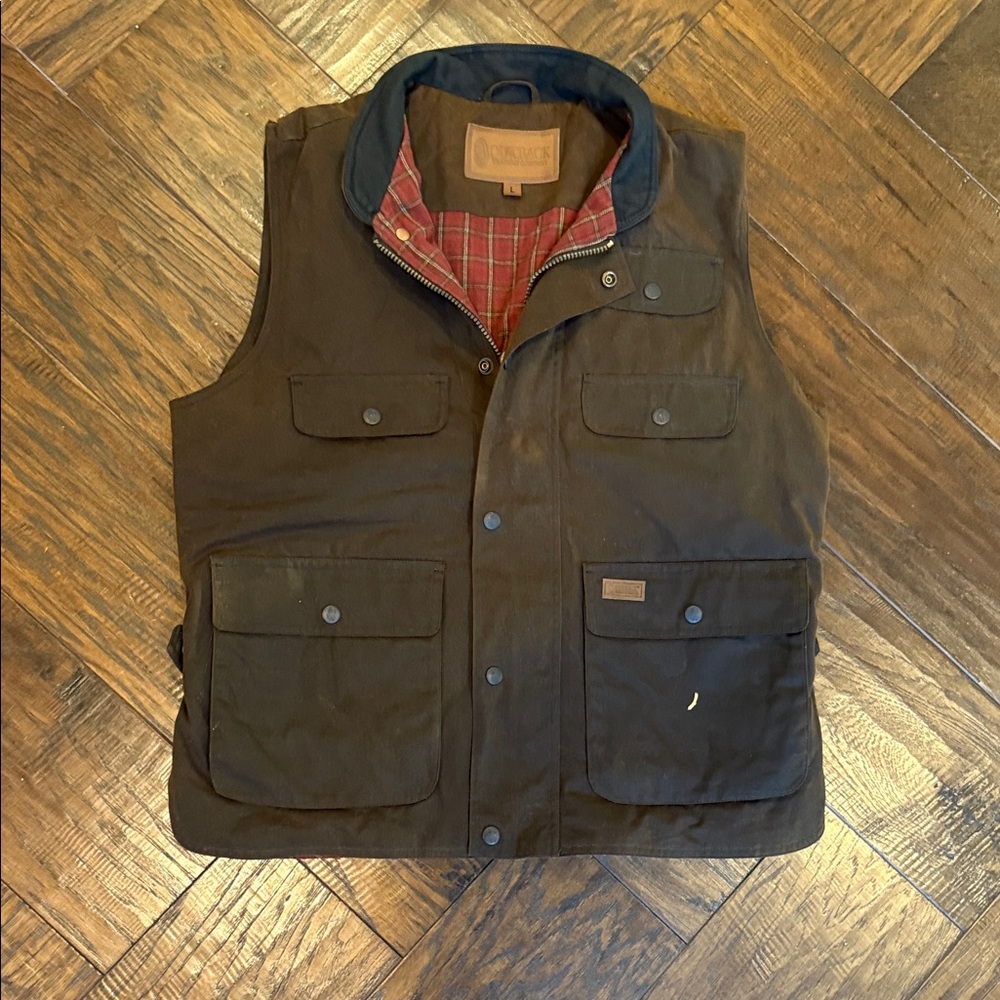 Outback trading company Brown Waxed Cotton Field Vest with Red Plaid Lining